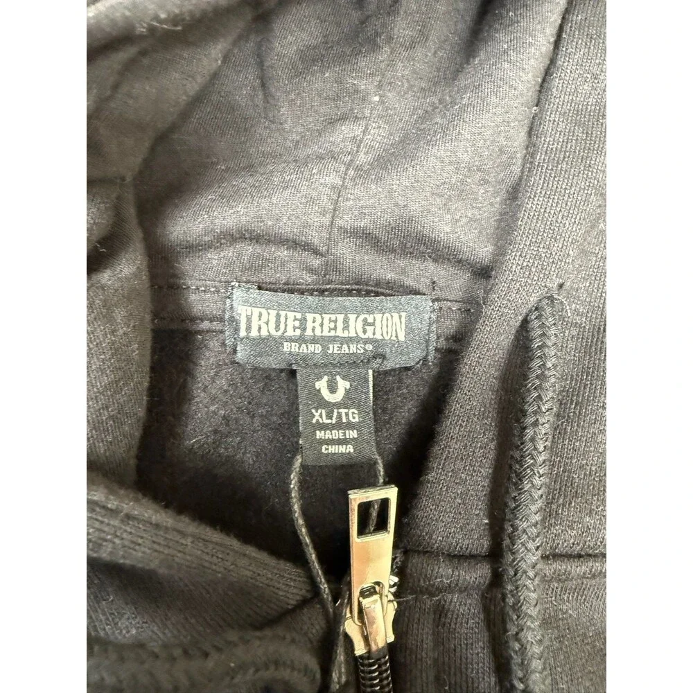 True Religion Jet Black Big U Silicone Zip Hoodie Extra Large Full Zip Mens NWT